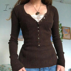 Ingvn - Womens Fashion Button Up Fairy Grunge Aesthetic Casual T-shirts Retro Y2k Ribbed Lace Patchwork Women Tops Long Sleeve Skinny Blouses