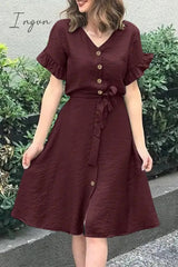 Ingvn - Casual Simplicity Solid Frenulum Buckle Flounce V Neck A Line Dresses