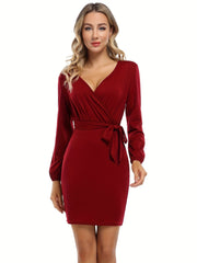 Surplice Neck Long Sleeve Casual Winter Party Wedding Guest Thanksgiving Day Bodycon Pencil Mini Dress for Women