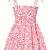 Cotton Little Girls Brief Slip Dress - Shirred, Random Daisy Print, Non-Stretch, Regular Fit, Cute Style - Perfect for Summer Beach Vacation and Outdoor Play