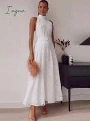 Ingvn - Hollow Out White Belt Sleeveless Long Dress X-shaped High Waist Half High Collar Dress Elegant Fashion Female Lace Midi Dresses