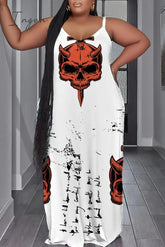 Ingvn - White Sexy Casual Print Backless Spaghetti Strap Long Dress Plus Size Dresses