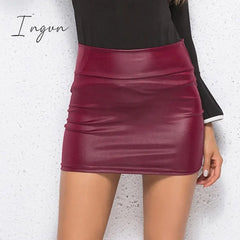 Ingvn - Women PU Leather Skirt Red High Waist Slim Pencil Skirts Vintage Bodycon Skirt Sexy Clubwear