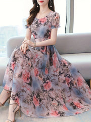 Vibrant Floral Print Crew Neck Dress - Elegant Short Sleeve, Comfortable, Breathable, Spring & Summer Essential - Women's Clothing for Chic, Elegant Dressing, Perfect for Outdoor Activities