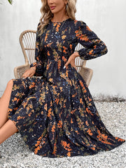 Floral Print Crew Neck Dress, Elegant Long Sleeve A-line Dress For Spring & Fall, Women's Clothing