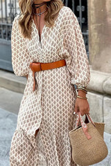 Ingvn - Elegant Floral With Belt V Neck A Line Dresses