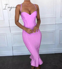 Ingvn - High Quality Pink Yellow Knee Length Rayon Bandage Dress Evening Party Elegant Dress