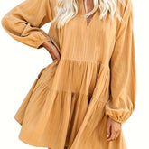 Long Sleeve Solid Color V Neck Loose Babydoll Dress, Casual Ruffle Hem For Spring & Fall, Women's Clothing