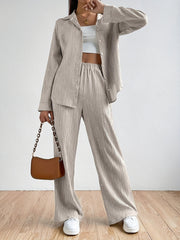 Stylish Solid Color Pantsuits - Women's Clothing - Long Sleeve Button Front Collared Shirt, Elastic Waist Wide Leg Pants, Comfortable Outfits for Daily Wear, Office, Party, and Casual Occasions