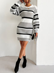 Cozy Stripe Acrylic Knit Sweater Dress for Women - Soft Crew Neck, Long Sleeve, Midi Length, Color Block Pattern, Elegant Fall/Winter Collection, Casual Chic, Versatile, and Comfortable