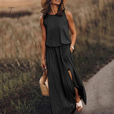 Ingvn - Summer New Oversized Casual Fashion Solid Slit Dress Ladies Sleeveless Loose Robe Dresses Women Round Neck Vestidos De Fiesta