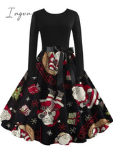 Ingvn - Christmas Halloween Costumes Retro Positioning Print Party Casual Long Sleeve Round Neck Swing Dress