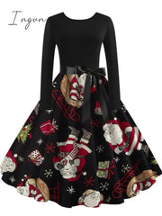 Ingvn - Christmas Halloween Costumes Retro Positioning Print Party Casual Long Sleeve Round Neck Swing Dress