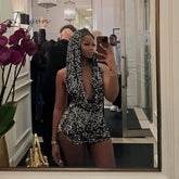 Ingvn - Sequin Mini Black Dress Sexy Club Party Bodycon Fashion Evening Dresses Women 2023 Summer Clothing Elegant Luxury Hoodie Dresses