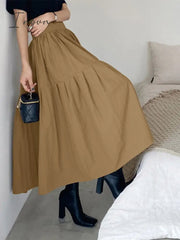 Ingvn - 2023 Fashion High Waist Skirt Women Vintage Pleated Zipper Swing Long Skirt Casual Loose Solid A-line Party Beach Skirt