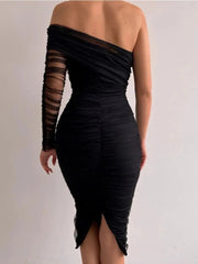 See Through Mesh Midi Dresses For Women Fold Sexy Slim Cocktail Dress Woman Wedding Bodycon Off Shoulder Dress Women's