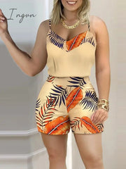 Ingvn - Women Fashion Casual Two-Piece Set Suits Set Casual Wear Female Print spaghetti strap Top & Shorts Set