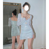 Pphmm nerdy dress to impress New French Socialite Dinner Dress Sequined Pleated Twisted Long Sleeve Dress Women's Slim-Fit Elegant Hip Skirt