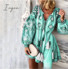 Ingvn - Tassel Sashes Mini Dresses Women Summer Autumn Sexy V-Neck Boho Dress New Bohemian Floral Printed Beach Dress Vestidos