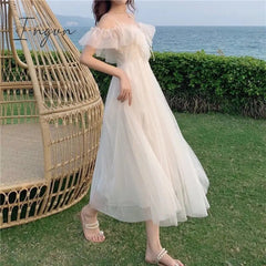 Ingvn - Going Out Outfits Mesh Ruffle Slash Neck Off Shoulder Dresses Lace Up Women Summer Vestidos Mujer Korean Fashion White Dress Strap Tide Robe Femme