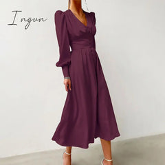 Ingvn - Beige Single Breasted Sexy Dress Party Clud High Waist Satin Long Dress Elegant V Neck Women Midi Dresses Lantern Sleeve