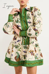 Ingvn - Casual Floral Patchwork Turndown Collar Printed Dress Dresses