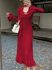 Vintage Solid Knitted Dresses for Women Elegant Bodycon Chic Flare Sleeves Ruffles Casual Female One Piece Office Vestidos Robe