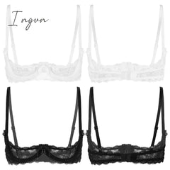Ingvn - Women See Through Sheer Lace Hollow Out Lingerie Adjustable Spaghetti Shoulder Straps Open Cups Bra Push Up Underwire Bra Tops