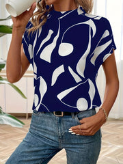 Abstract Print Mock Neck Blouse, Casual Short Sleeve Blouse For Spring & Summer, Women's Clothing