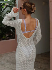 White Knit Fashion Cover up Maxi Dress Female See-Through V-Neck Hollow Out Beach Holiday Dress Knitwear Backless Dress