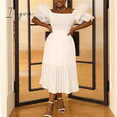 Ingvn - Women Elegant White Pleated Dresses Midi Off Shoulder Puff Sleeve A Line Cocktail Party Swing Dress Prom Summer 2023 Big Size