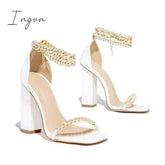 Ingvn - Gold-Tone Chain Embellished Ankle Strap Chunky Heels