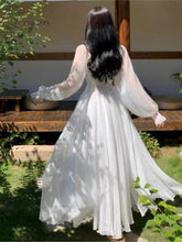Ingvn - Elegant Holiday Beach Dresses Summer Women Solid White Puff Sleeve Slash Neck Off Shoulder Korean Fashion Chiffon Dresses