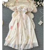 Ingvn - Elegant Dress for Women Floral Print Off Shoulder Strapless Short Puff Sleeve Fashion High Waisted Sexy Camis Dresses