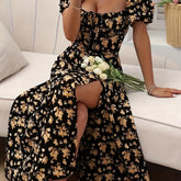 Elegant Floral Puff Sleeve Dress - Lightweight, Split Hem A-line for Spring & Summer Occasions
