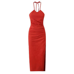 Sexy Backless Side Slits Halter Dress For Women Vintage Ruched Red Evening Party Dresses Cotton Linen Midi Robe White