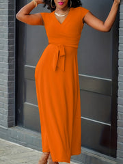V Neck Tie Waist Dress, Casual Solid Color Cap Sleeve Dress For Summer, Women's Clothing