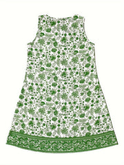 Vibrant Floral Print Crew Neck Tank Dress - Loose Fit, Sleeveless, Casual, Comfortable, Spring & Summer Essential - Women's Clothing for Warmer Weather
