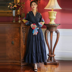 Ingvn - High Quality Luxury Design Runway Female Elegant Embroidery Women Dress Lantern Sleeve High Waist Maxi Long Dresses