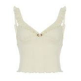 Cute Coquette Ruffles V-neck Crop Top Women Casual Hollow Out Holes Sexy Tees Y2k Aesthetic Vest Summer Holiday Clothing