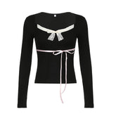 Contrast Lace Bow Cropped Top Sweet Coquette Square Collar T Shirts Black Casual Full Sleeve Tee Women y2k Aesthetic Lady