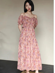 Summer New French Elegant Party Print Dress Sweet A Line Midi Ladies Vintage Robes