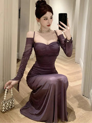 Sexy Spaghetti Straps Mermaid Dresses Elegant Long Sleeve Off Shoulder Pleated Bodycon Vestidos Vintage Party Dress Long Robe