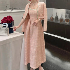 Ingvn - Pink Plaid Tweed Jacket + Strapped Dress Women Vintage Winter Elegant Party Woolen 2 Piece Sets Ladies Autumn Dress Sets