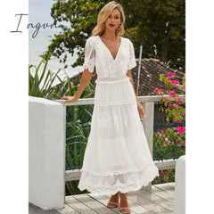 Ingvn - Hollow Out White Dress Sexy Women Long Lace Dress Cross Semi-Sheer Plunge V-Neck Short Sleeve Lace Maxi Dress