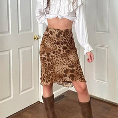 Vintage y2k Leopard Print Midi Skirt Women Low Rise Patchwork Straight Long Skirts 2000s Aesthetic Ladies Clothing Casual