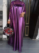 Ingvn - Summer Kaftan Party Dress Bohemian Women Long Sleeve Mock Neck Lace Patchwork Maxi Long Dress Robe Longues Oversized