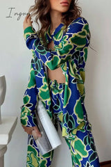 Ingvn - Casual Vacation Geometric Print Pocket Mandarin Collar Long Sleeve Two Pieces