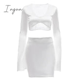 Ingvn - Satin Flare Long Sleeve 2 Two Piece Matching Set Women Crop Top Skirt Autumn Winter Birthday Fashion Sexy Clothes