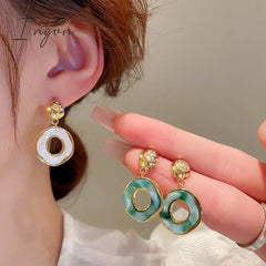Ingvn - 2023 French Trend Fashion Round Irregular Earrings Exquisite Green White Copper 18K Gold Plated Drop Ear Studs Jewelry